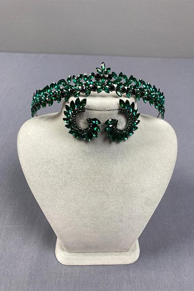 Hayalperest boncuk Green Thin Elegant Vera Bridal Henna Crown And Round Earrings