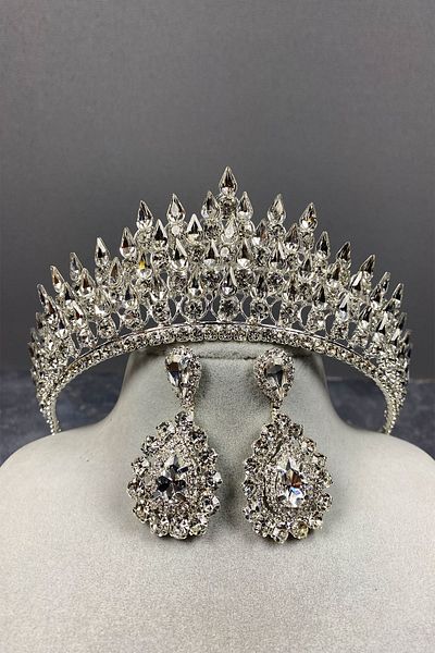 Hayalperest boncuk Set de cercei cu coroană de mireasă 3D și pietre prețioase Silver Drop