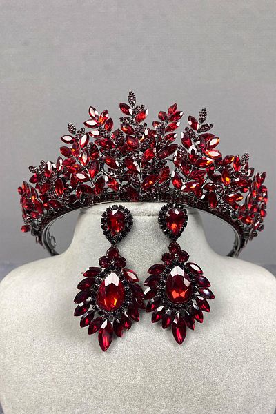 Hayalperest boncuk Set de coroană și cercei de mireasă tridimensională Ezel Burgundy
