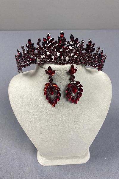 Hayalperest boncuk Set de cercei și coroană de henna pentru mireasă Burgundy Belur