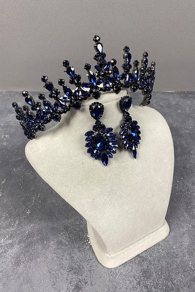 Hayalperest boncuk Navy Blue Cooker Bridal Henna Crown and Shuttle Stone Evening Dress Earrings