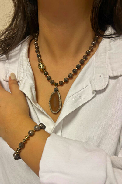 Suerte Accessories Handmade Agate Natural Stone Brown Agate with Natural Stone Tip Special Design Women's Necklace and Bracelet Combination