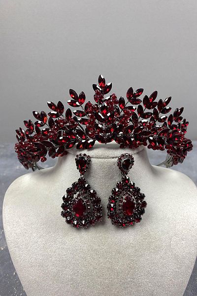 Hayalperest boncuk Set de cercei de mireasa cu coroana de henna si piatra cu margele Asleny Burgundy