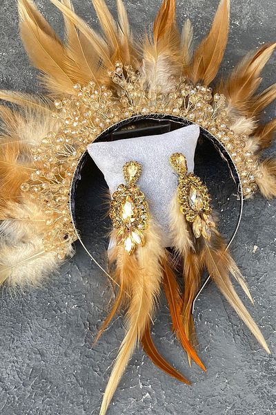 Hayalperest boncuk Crystal Beaded Bridal Henna Crown and Earring with Rooster Feathers
