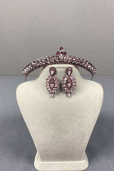 Hayalperest boncuk Pink Ece Bridal Henna Crown and Thin Shuttle Stone Earring Set