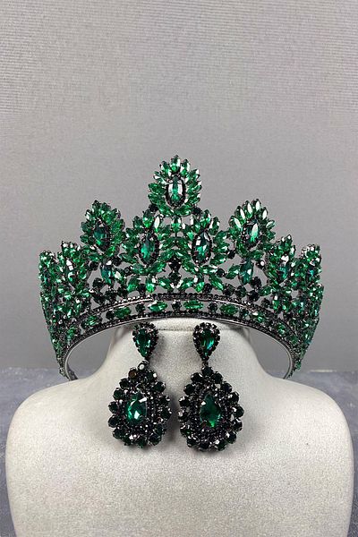 Hayalperest boncuk Coroană de henna de mireasă verde Godiva și cercei cu piatră picătură