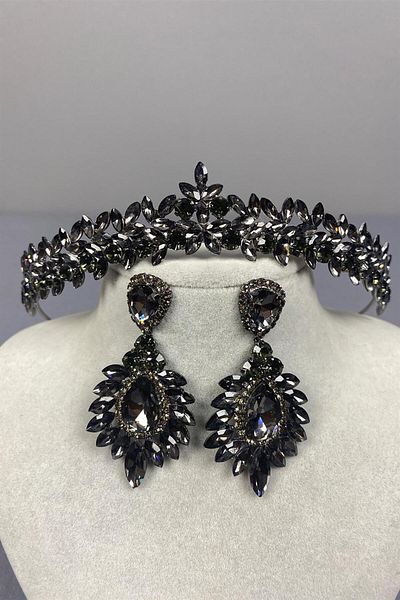 Hayalperest boncuk Coroană de mireasă antracit și cercei subțiri și eleganti cu dropship