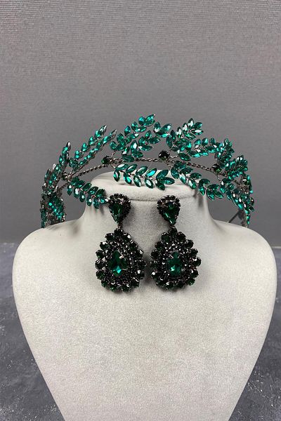 Hayalperest boncuk Set de accesorii pentru păr de mireasă cu ramuri de frunze de Dilana verde și cercei
