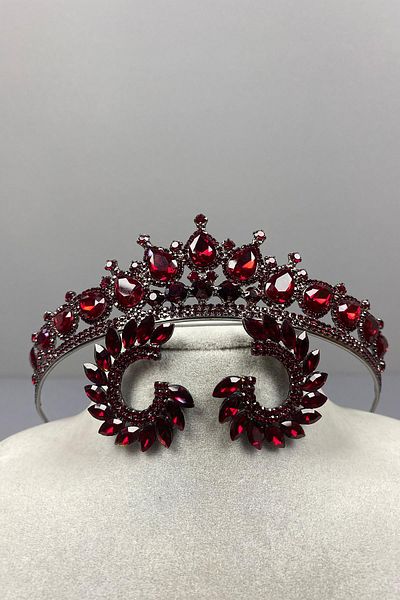 Hayalperest boncuk Set de coroană și cercei cu piatră rotundă Ade Bride Henna Burgundy