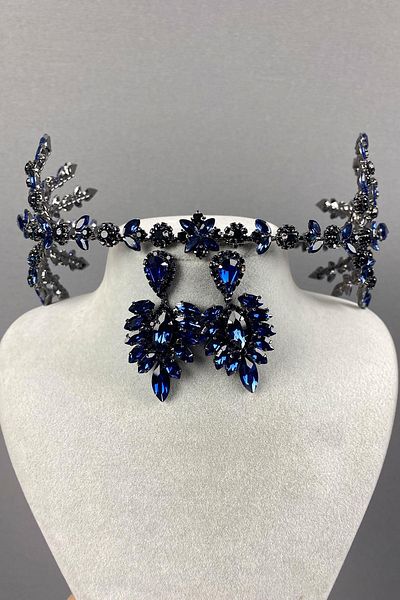 Hayalperest boncuk Navy Blue Hellenist Double Sided Bridal Henna Crown and Jewelled Earring Set