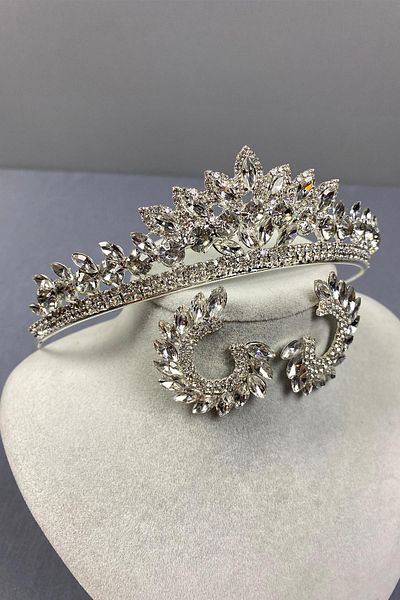 Hayalperest boncuk Set de coroană de mireasă Leyn din argint sterling și cercei rotunzi cu pietre prețioase