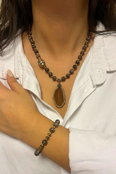 Suerte Accessories Handmade Agate Natural Stone Brown Agate with Natural Stone Tip Special Design Women's Necklace and Bracelet Combination