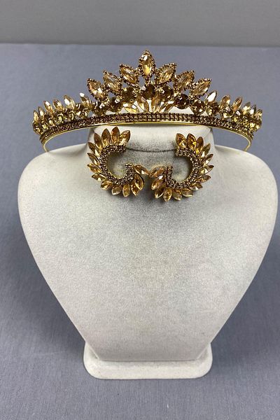 Hayalperest boncuk Σετ σκουλαρίκια με χρώμα μέλι Leyn Bridal Henna Crown και στρογγυλή πέτρα