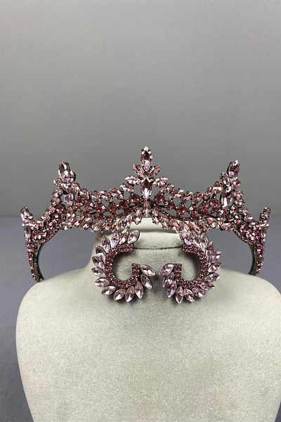 Hayalperest boncuk Pink Stone Bridal Henna Crown and Round Earring Set