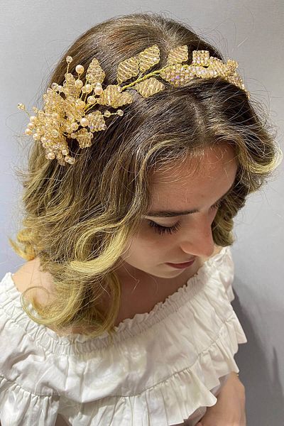 Hayalperest boncuk Accesoriu pentru păr și turban cu mărgele Leaf Model - Honey Color