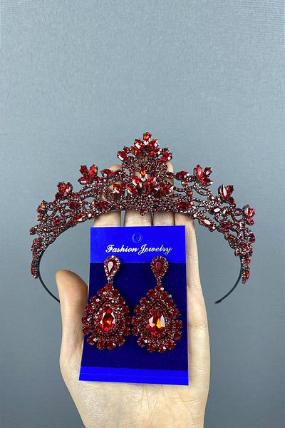 Hayalperest boncuk Melis Bridal Henna Crown și Cercei cu piatră picătură