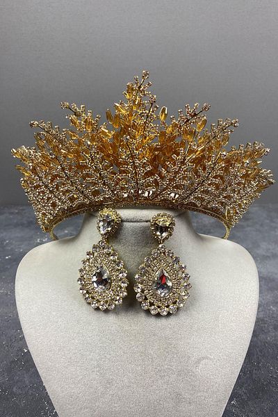 Hayalperest boncuk Transparent Honey Color Nairobi Bead Embroidered Bridal Henna Crown And Earring Set