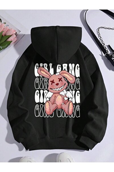 donamod Seria Coke Rabbit & Letter Graphic Kangaroo Pocket Drawstring Thermal...