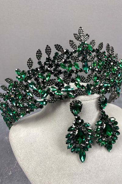 Hayalperest boncuk Green Oscar Bridal Henna Crown and Shuttle Earring Set