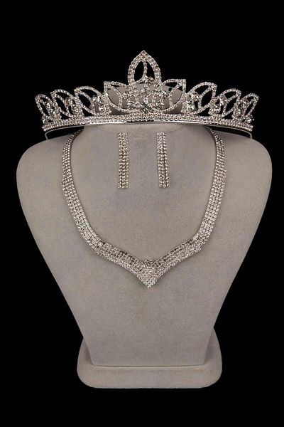 Hayalperest boncuk Set de cercei colier de seară Vera Crystal Stone și coroană de mireasă cu frunze