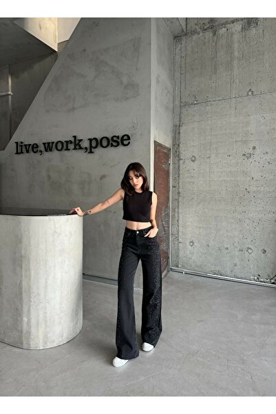 DENİKK Baggy Jean Palazzo Pant with Trend Stripe Stone Detail