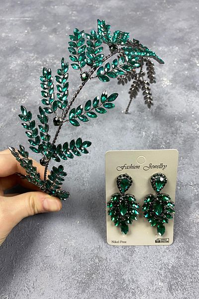 Hayalperest boncuk Accesoriu de păr de mireasă cu ramuri de frunze de Dilana verde și cercei cu shuttle