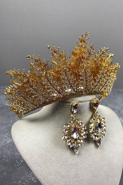 Hayalperest boncuk Transparent Honey-colored Nairobi Bead Embroidered Bridal Henna Crown and Earring Set