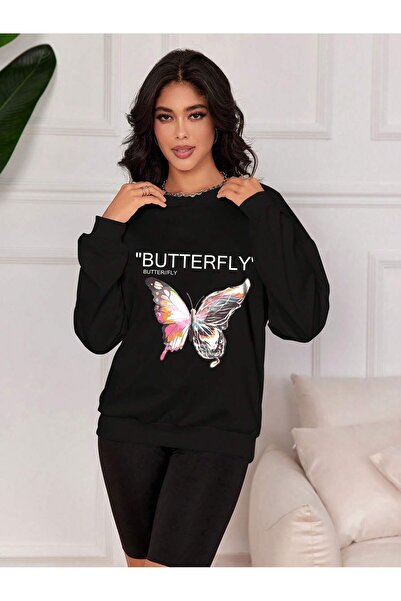 donamod Hanorac din seria Coke Butterfly & Letter Graphic Drop Shoulder