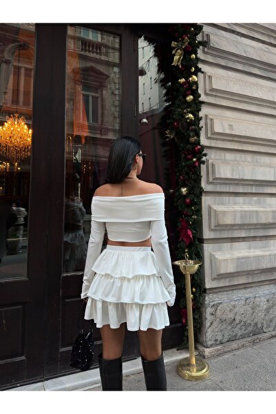 aytenli Madonna Collar Front Cross Twisted Long Sleeve Mini Top Ruffled Rubber Waist Skirt Diving Fabric Double Suit