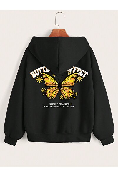 donamod Seria Coke Slogan și imprimeu cu fluturi Drop Shoulder Drawstring Zip...