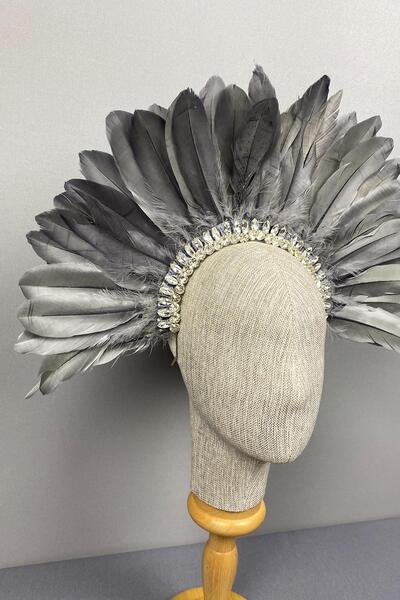 Hayalperest boncuk Hera Gray Feathered Stoned Bridal Henna Crown Accessory