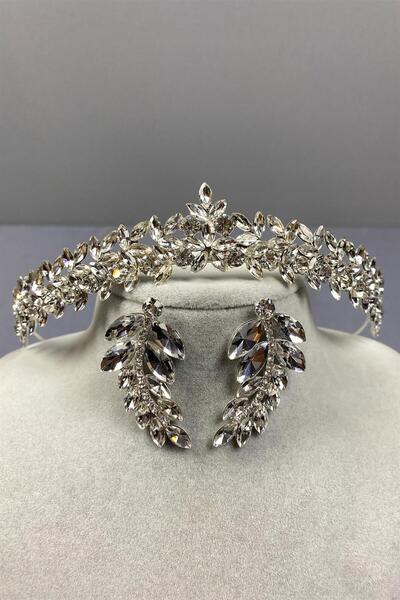 Hayalperest boncuk Vera Bridal Crown and Leaf Earrings - Silver Thin Elegant