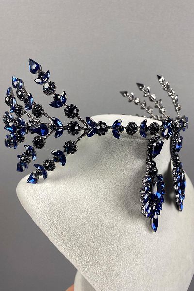 Hayalperest boncuk Navy Blue Hellenist Bridal Henna Crown and Shuttle Stone Earring Set
