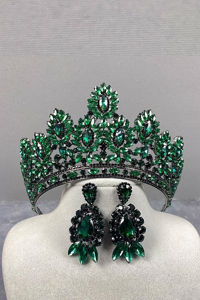 Hayalperest boncuk Green Godiva High Bridal Henna Crown and Shuttle Earrings