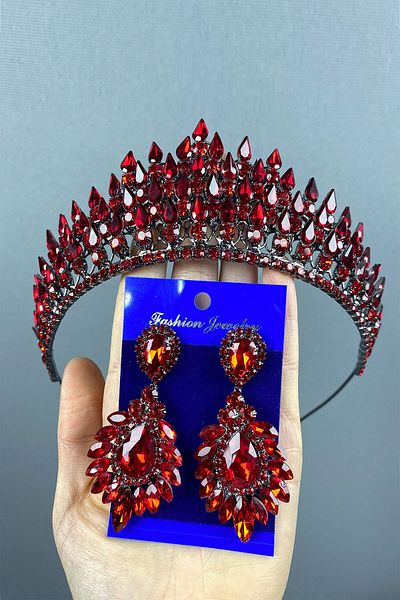 Hayalperest boncuk Set de coroană și cercei cu henna de mireasă tridimensională Red Drop