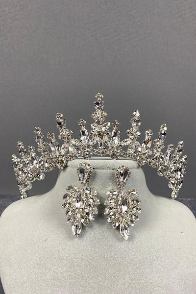 Hayalperest boncuk Silver Cooker Bridal Crown and Shuttle Earring Set
