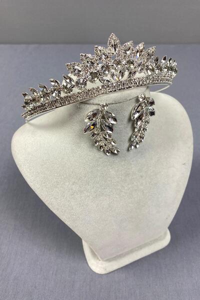 Hayalperest boncuk Silver Leyn Bridal Crown and Leaf Jewelled Earring Set