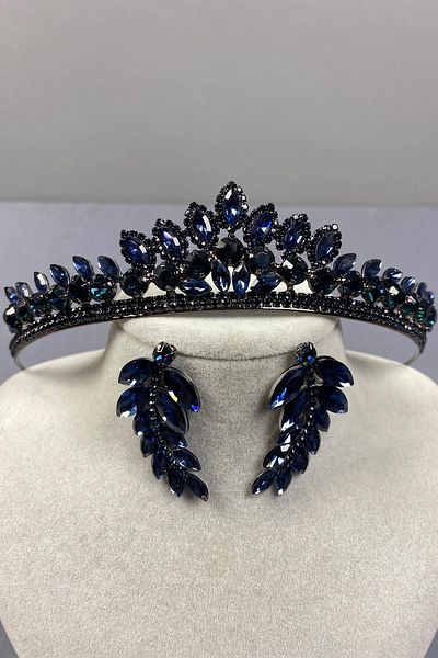 Hayalperest boncuk Navy Blue Leyn Bridal Henna Crown and Leaf Stone Earring Set