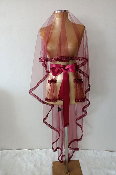 Hayalperest boncuk Burgundy Water Model Embroidered Bridal Henna Veil Face Cover 2 Mt