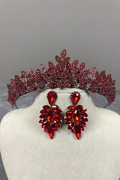 Hayalperest boncuk Set de coroană și cercei de mireasă Red Sara Sık Stone