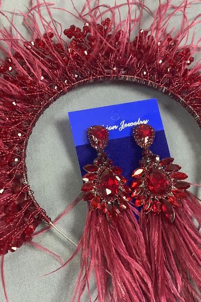 Hayalperest boncuk Sirius Bordo Cristal cu Mărgele pentru Mireasă cu Henna și Cercei cu Pene