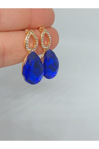 mos&more Navy Blue Stone Drop Gold Women's Earrings