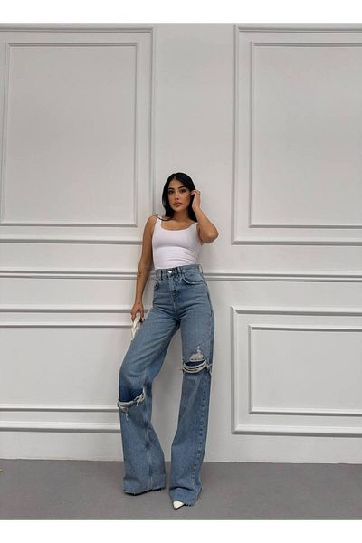 DENİKK TENDINȚE DESIGN SPECIAL PANTALON PALAZZO JEAN CU TĂIȚE ÎNALT DETALIAT