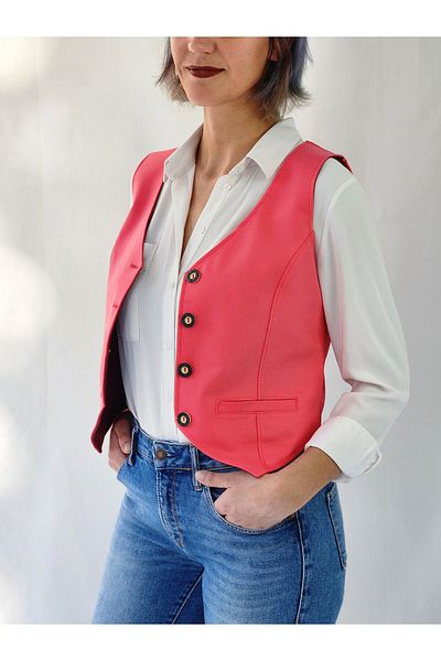 YAXİ Pink Decoration Pocket Buttoned Textured Vest