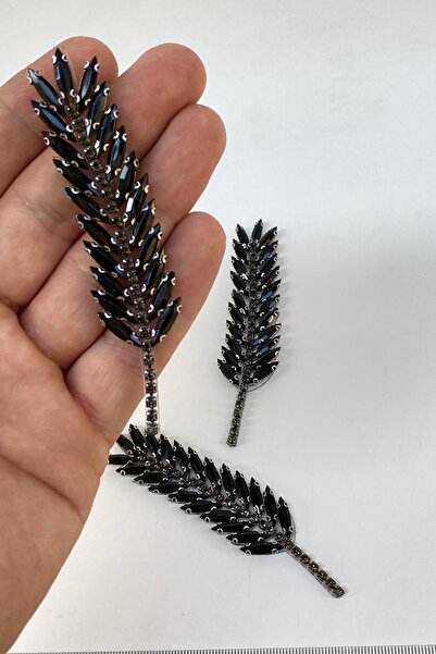 Hayalperest boncuk Siyah Yaprak Desen Ütüyle Yapışan Parlak Taşlı Aplik