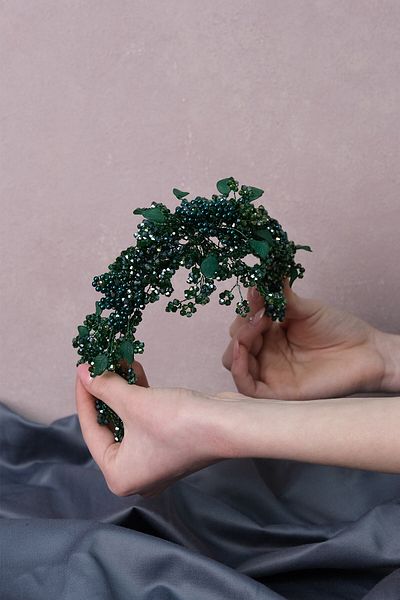 Hayalperest boncuk Green Azra Pearl Beaded Bridal Henna Crown Hair Accessory