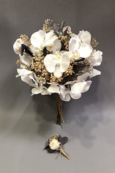 Hayalperest boncuk Beyaz Orkide ve Krem Cipsolu Gelin Buketi