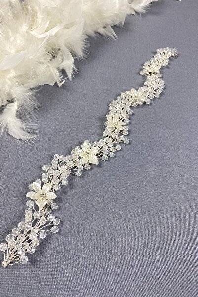 Hayalperest boncuk Krem Taşlı Çiçekli Kristal Boncuklu Gelin Saç Ve Türban Ak...