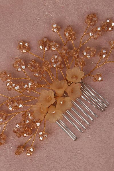 Hayalperest boncuk Bridal Hair Accessory - Honey Color Flower Beaded Comb Barrette
