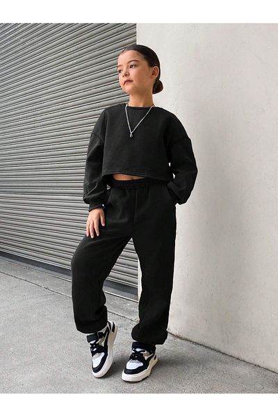 meren like your style Black Female Child Sweatshirt Short Round Neck Set